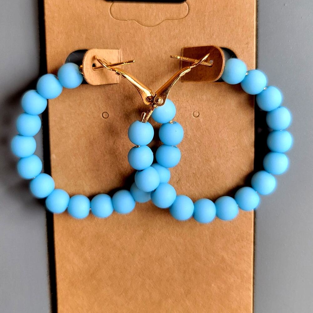Blue Beaded Hoop Earrings Gold Tone Latch Back 1.5" NWT Boho Statement 1980's